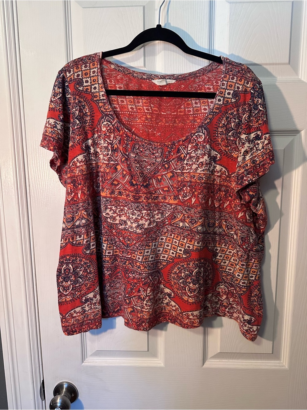 Lucky Brand Scoop Neck Short Sleeve Top - Red Paisley Print